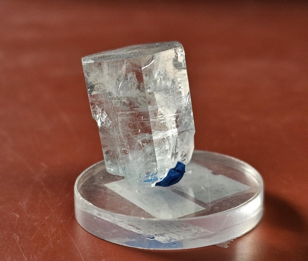 Aquamarine Mineral Sample, Raw, Light Blue on Clear Acrylic Stand, Pakistan